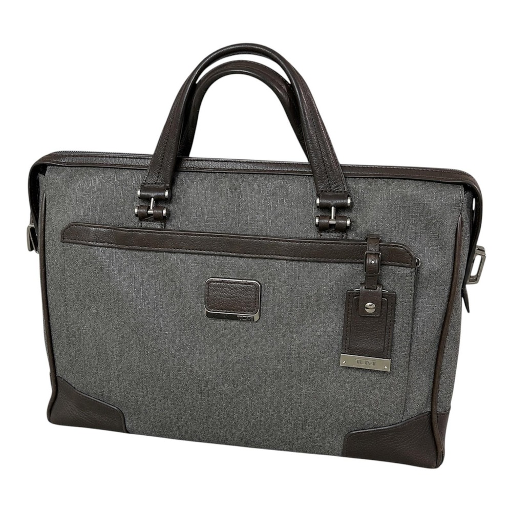TUMI Gray Brown Leather Trim Laptop Briefcase Messenger Business Travel Bag